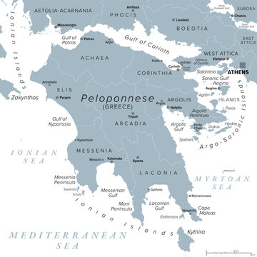 Peloponnese, a peninsula and geographic region in Southern Greece. Gray political map with regional units and their seats. Southernmost region of the Balkans, also known as Peloponnesus or Morea.