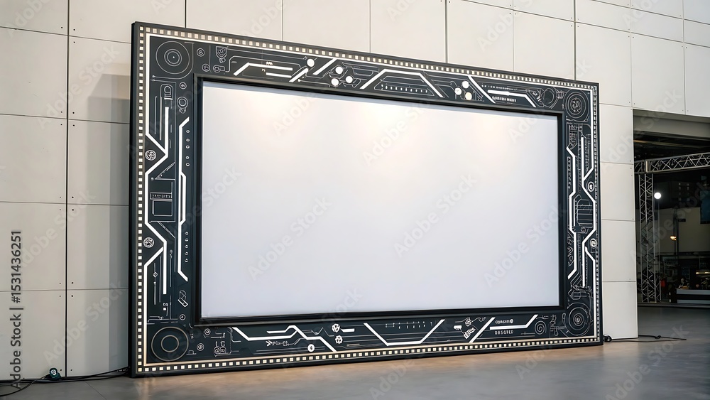 Poster futuristic outdoor led screen framed with circuit design, combining technology and advertisement in 