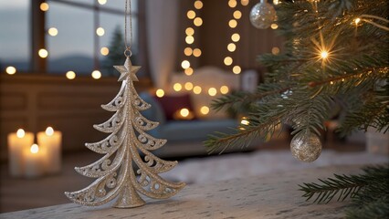 Silver Glitter Christmas Tree Ornament Festive Bokeh Background, Close-up Composition, Holiday Decor Christmas Ornament, Holiday Decoration