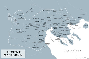 Ancient Macedonia, Macedon, gray history map with approximate boundaries before Roman conquest. Kingdom on periphery of Archaic and Classical Greece, later become dominant state of Hellenistic Greece.