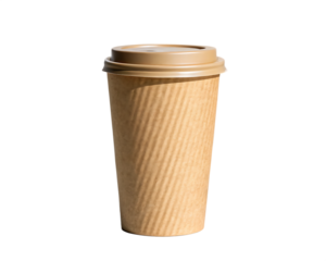 A single tan paper coffee cup with a textured surface and a tan lid against a black background