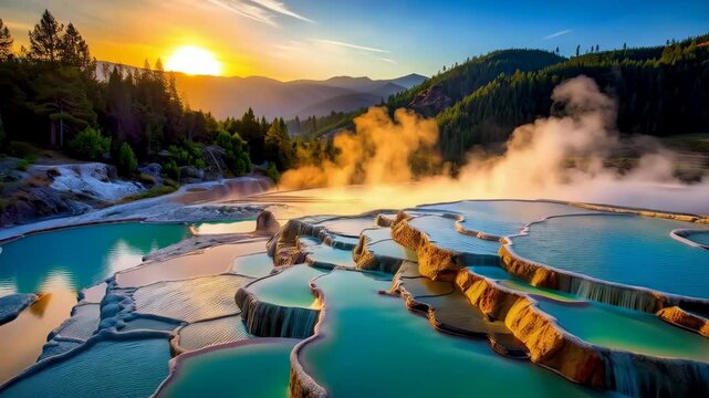 Scenic landscape of tiered turquoise thermal pools reflecting sunrise surrounded by forest mountains, water vapor and clear blue sky