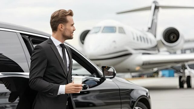 A dapper man enjoys his coffee by a sleek car, while a private jet readies for takeoff, hinting at a busy day ahead