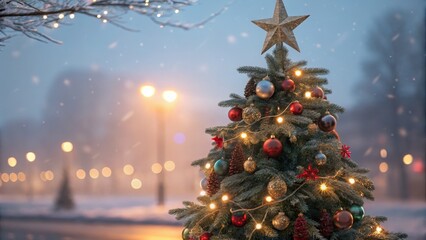 Snowy Cityscape Christmas Tree Close-up Composition, Festive Ornaments, Warm Lights, Winter Wonderland. , christmas tree, winter scene