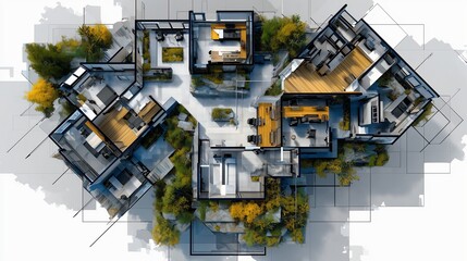 Aerial Blueprint of Modern Apartments with Integrated Urban Landscape