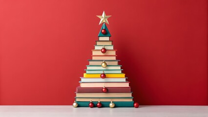 Stacked Books Christmas Tree Red Background, Festive Ornaments, Holiday Reading, Christmas Books, Bookstack Christmas Tree, Books