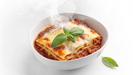 Steaming Lasagna in White Bowl Close-up, Food Photography, Italian Cuisine, Recipe,Pasta Lasagna, Italian Food