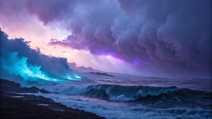 Stormy Seascape Dramatic Waves, Purple Sky, Bio luminescent Ocean, Photography Composition, Ocean, Nature Ocean Waves, Seascape Photography