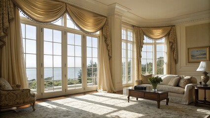 Sunlit Coastal Living Room with Draped Curtains and Bay Window,Interior Design,Coastal Decor Interior Design,Luxury Home