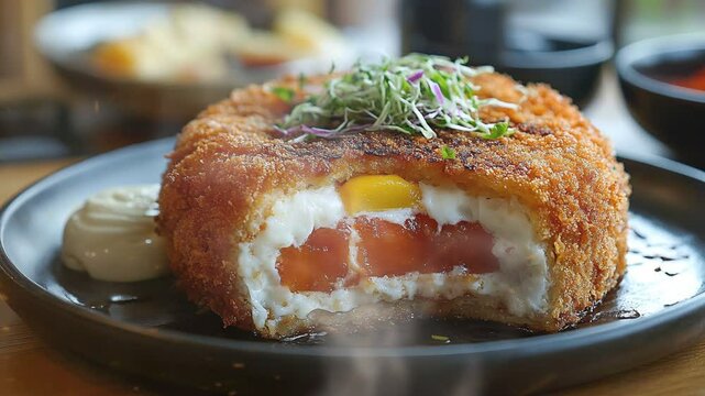 Korokke sando on the table with smoke around