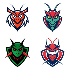 Collection of four mascot style insect or creature logo designs with bold lines and vibrant colors shown