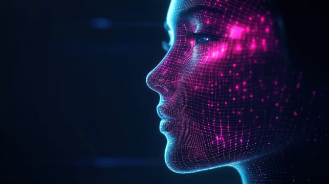 Futuristic female face in profile with glowing neural mesh, perfect for AI, tech innovation themes - Powered by Adobe