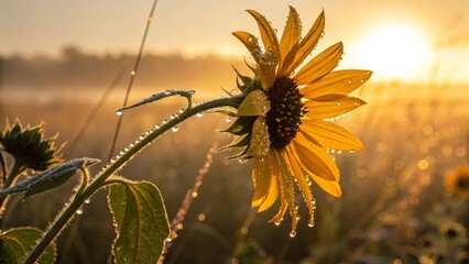 Sunrise Dewdrop Sunflower Close-up Macro Photography, Golden Hour, Bokeh Background, Nature, Flower Sunflower, Macro Photography