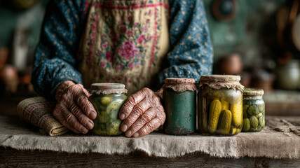 Elderly woman prepares homemade pickles in a cozy kitchen filled with nostalgia