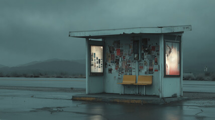 Desolate roadside kiosk with peeling paper ads under an overcast sky