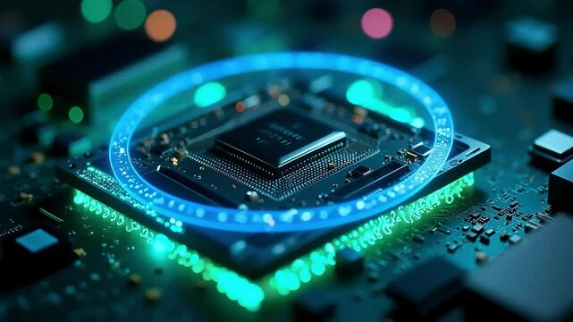 Futuristic microchip with glowing blue light ring, powerful computer processor on motherboard, advanced artificial intelligence and digital hardware technology