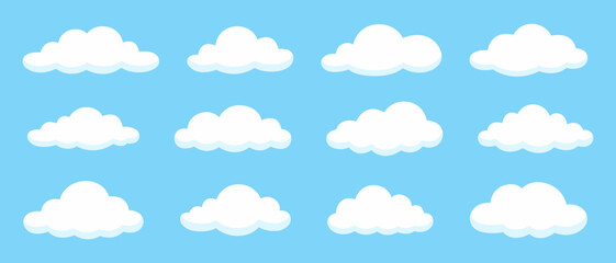 Flat Cartoon Clouds Set, On Blue Background. Vector Illustration