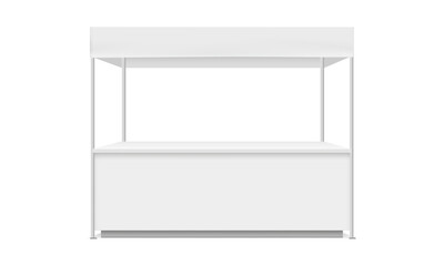 Outdoor Exhibition Kiosk Mockup With Table, Front View, Isolated On White Background. Vector Illustration