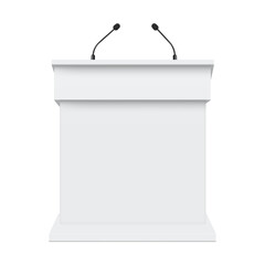 Podium Tribune Mockup With Two Microphones, Front View, Isolated On White Background. Vector Illustration