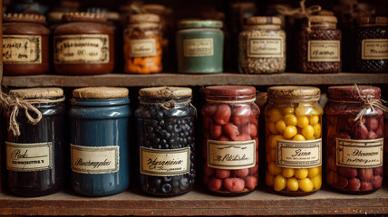 Preserved fruits displayed on rustic pantry shelves in vintage glass jars