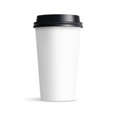 Blank Tall Coffee Cup Mockup With Black Cap, Front View, Isolated On White Background. Vector Illustration