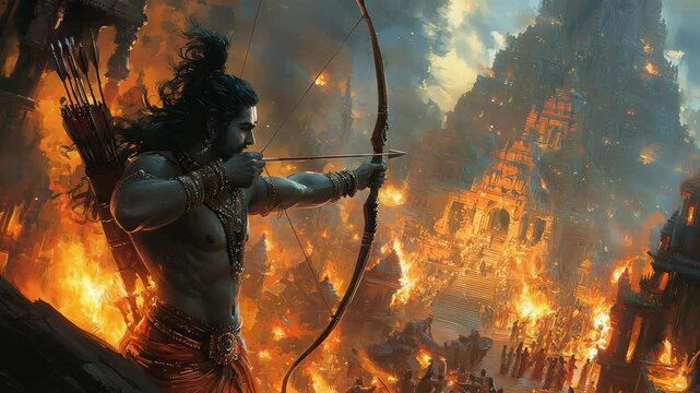 Rama legacy: noble king, devoted son, courageous warrior, dharma embodiment, virtue model, sacred figure, divine husband, epic hero, revered avatar, Ramayana honor, righteous leader.