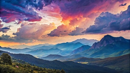 Sunset Mountain Landscape Vibrant Cloudscape Over Rolling Hills, Wide Angle Composition, Dramatic Colors landscape photography, mountain scenery