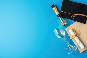Graduation celebration.  Champagne, gift, diploma