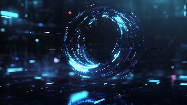 A rotating holographic logo with smooth, flowing curves, surrounded by concentric circles of light