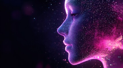 Futuristic female face in profile with glowing neural mesh, perfect for AI, tech innovation themes