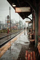 Vintage train station platform with signage under rainy weather