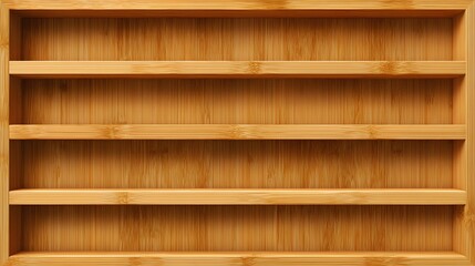 Close up of a light brown wooden shelf with four tiers and a simple rectangular frame design element
