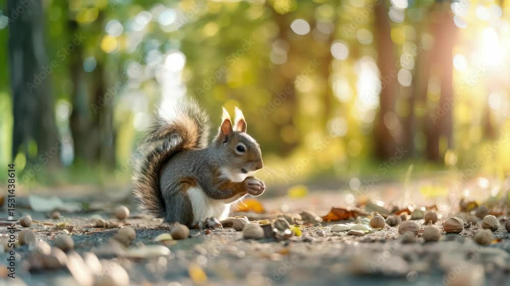 Poster a playful squirrel gathers acorns and explores a forest path surrounded by colorful autumn leaves in