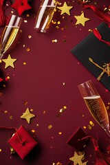 Festive celebration scene. Two champagne flutes, gold stars, red and black gift boxes, and confetti fill a frame on a deep burgundy background