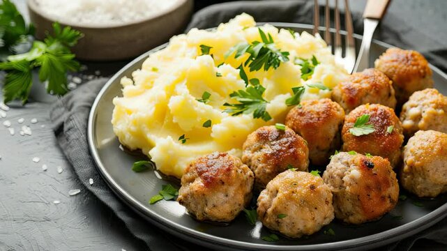 Savory meatballs complement creamy mashed potatoes, creating a comforting and satisfying meal full of flavor and freshness