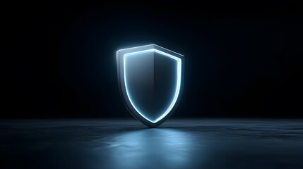 A glowing shield emblem standing on a reflective surface in a dark and minimalistic setting design look