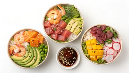 Three Delicious Poke Bowls Shrimp, Tuna and Spicy Tuna, Rice Base, Assorted Vegetables, Top View, Food Photography Poke Bowl, Hawaiian Food