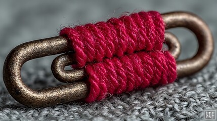 A close up of two metal hooks connected with red yarn on a knitted gray fabric surface texture