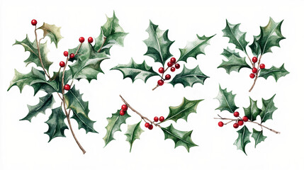Festive holly leaves and red berries in a watercolor style, perfect for Christmas decorations and seasonal compositions. Generative AI