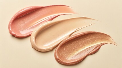 Triple Swatch of Peachy Makeup Creams, Beige Background, Cosmetic Texture, Beauty Product, Makeup Swatches Makeup,Cosmetics