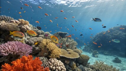 Vibrant Coral Reef Ecosystem Underwater Photography, Wide Composition, Diverse Fish Species, Coral Polyps, Sunlit Scene Marine Life, Underwater Photography