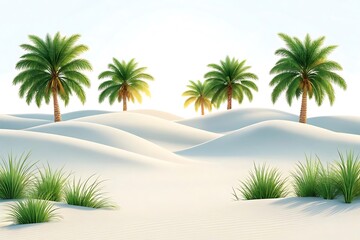 Fototapeta premium Palm trees rise from white sand dunes, isolated on white background