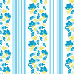 Seamless floral pattern with blue and yellow stylized flowers, leaves and blue stripes on clear. Bright, modern botanical design perfect for textiles, wallpapers, packaging, and surface decoration