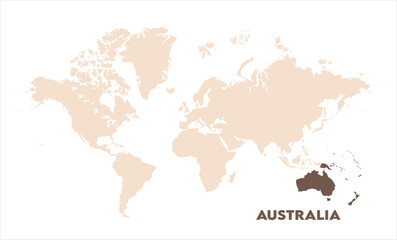 Australia highlighted on world map-01, Map of Australia, highlighted on the world map, Australia on the world map, Satellite view, Australia location on the globe.