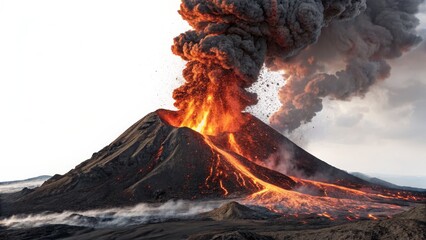 Volcanic Eruption High-Angle Shot of Lava Flow, Smoke and Ash Plume, Volcano, Disaster Volcano, Eruption