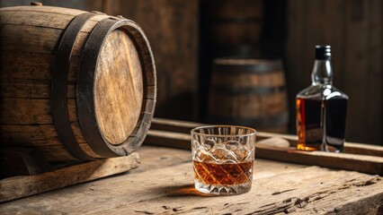Whiskey Still Life Wooden Barrel, Cut Glass and Bottle, whiskey, bourbon