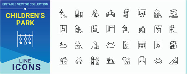 Children’s Park related icon set. Pack of game, area, toy, amusement, fun. Kid Playground icon set. Thin web icons. Editable stroke. Vector collection.