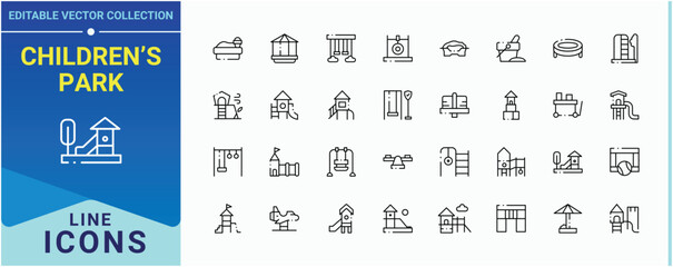 Children&rsquo;s Park related icon set. Pack of game, area, toy, amusement, fun. Kid Playground icon set. Thin web icons. Editable stroke. Vector collection.
