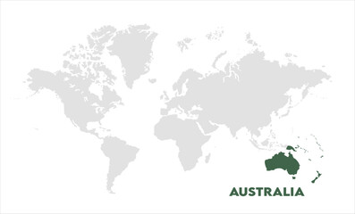 Australia in world map-01, Map of Australia, highlighted on the world map, Australia on the world map, Satellite view, Australia location on the globe.