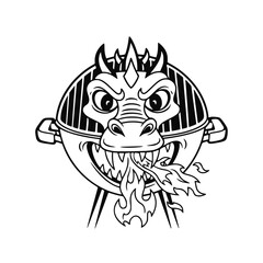 Obraz premium Dragon head with flames and barbecue grill details in monochrome 
